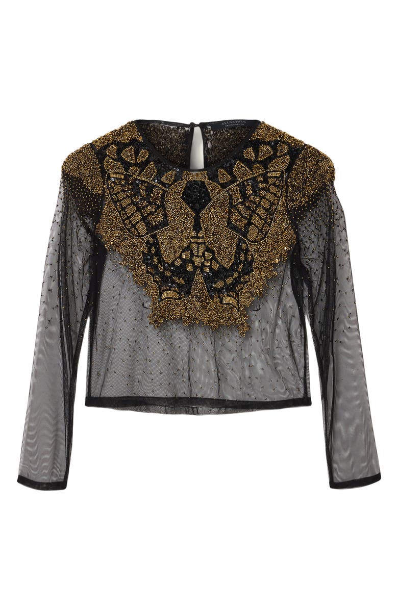 AllSaints Greta Sequin Beaded Sheer Top, Alternate, color, Black/ Gold