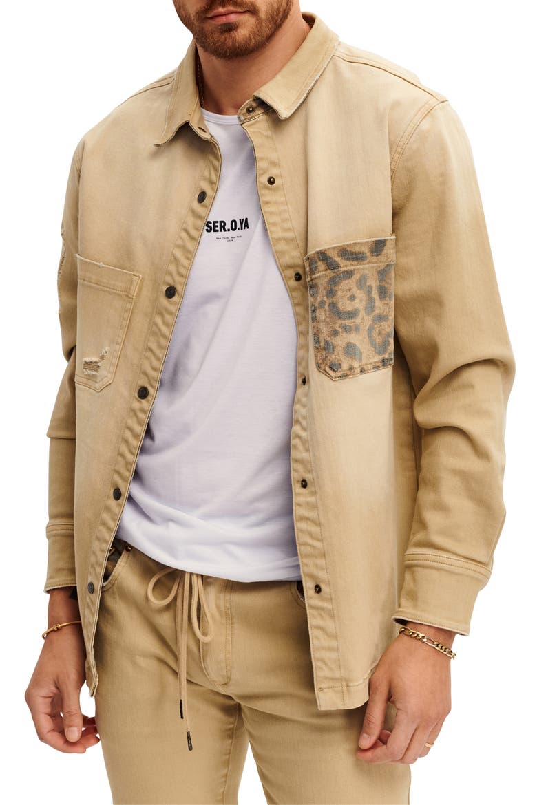 Marcus Oversize Distressed Stretch Denim Snap-Up Shirt Jacket, Main, color, SAVANNAH