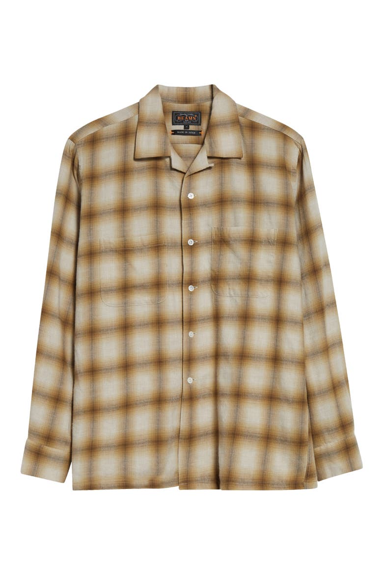 Open Collar Ombré Check Brushed Flannel Button-Up Shirt, Alternate, color, BROWN