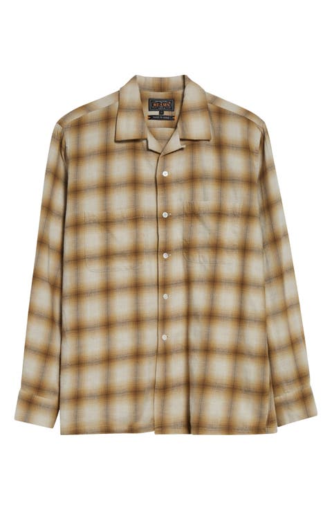 Open Collar Ombré Check Brushed Flannel Button-Up Shirt