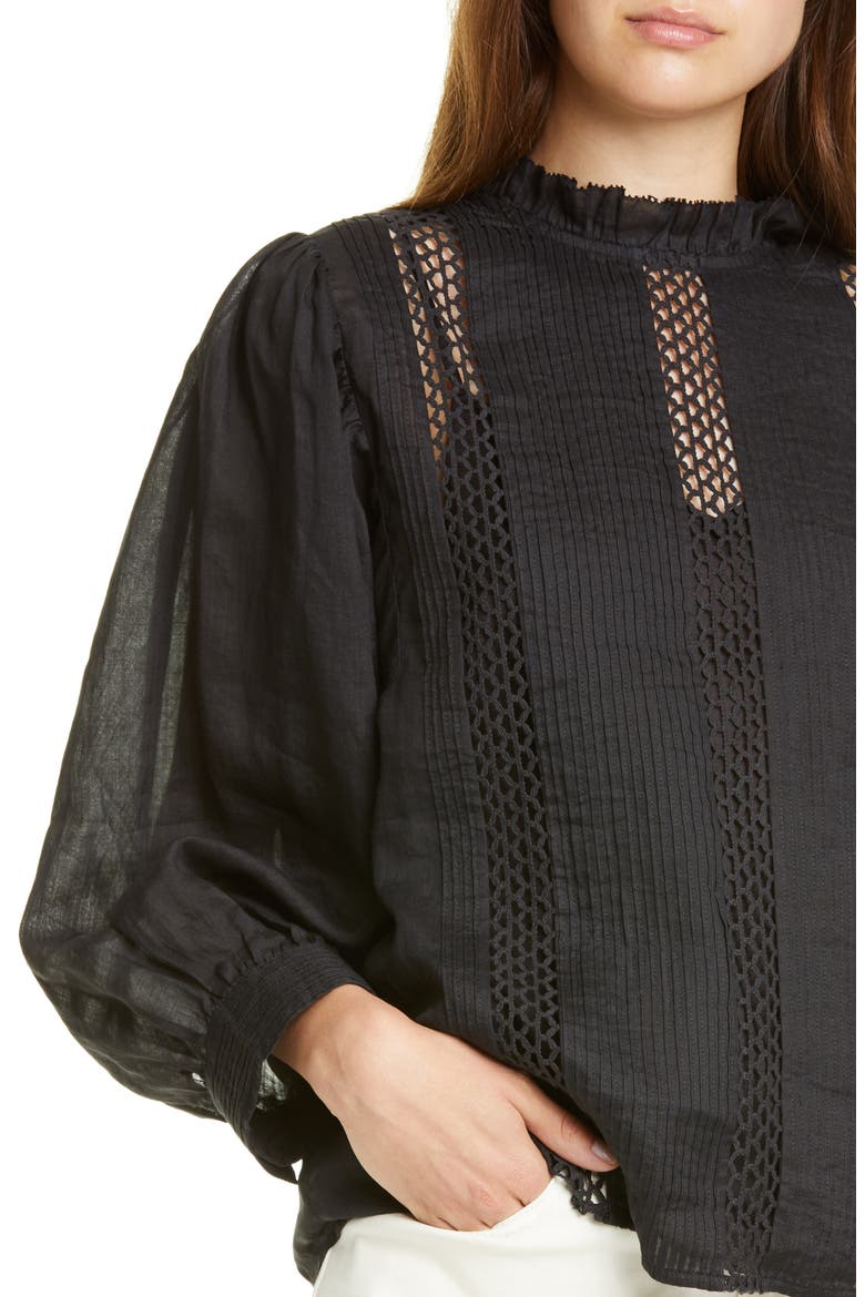 Lace Inset Ruffle Neck Top, Alternate, color, NOIR