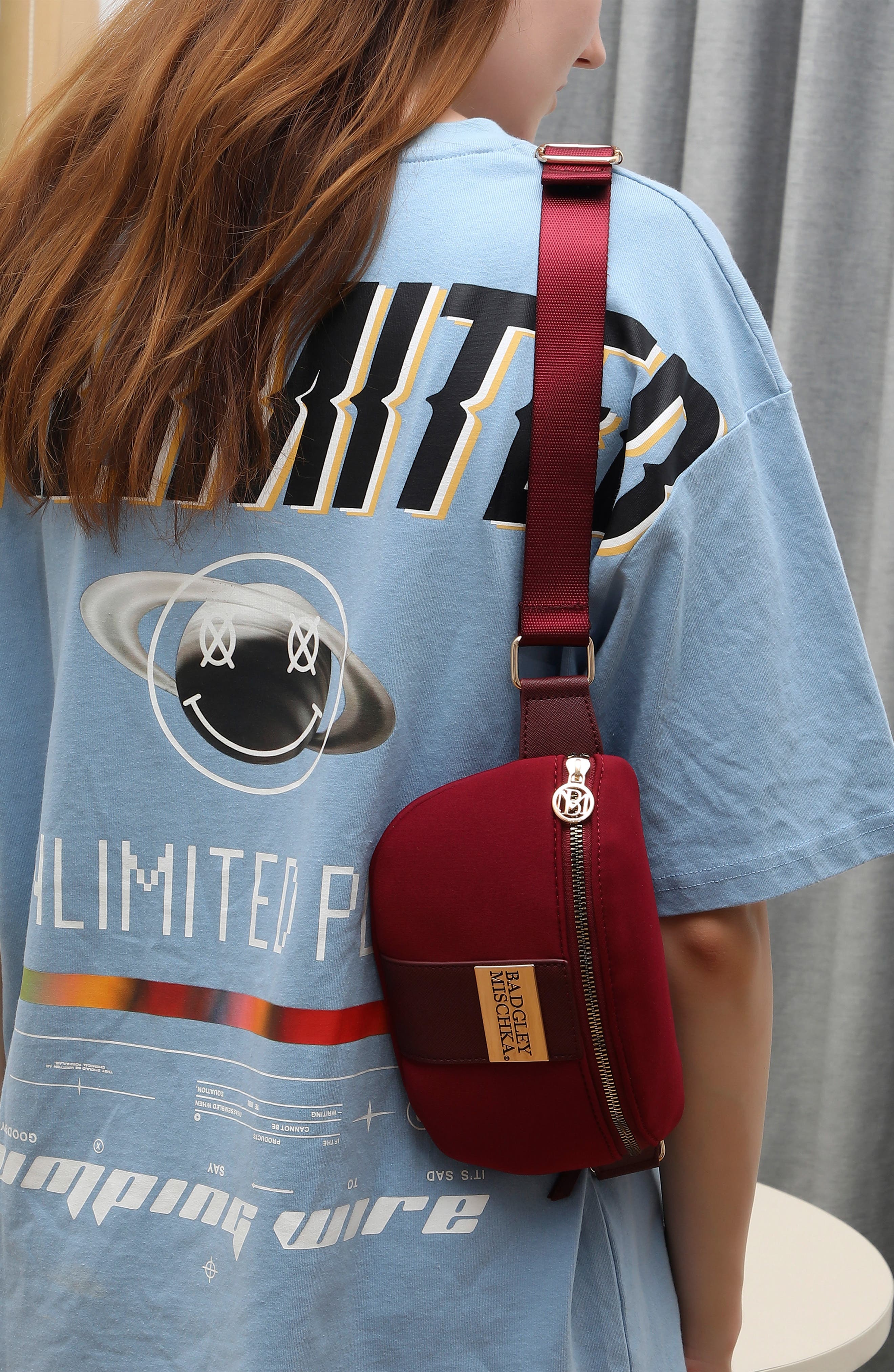 BADGLEY MISCHKA Sage Scuba and Vegan Leather Belt Bag, Alternate, color, Burgundy