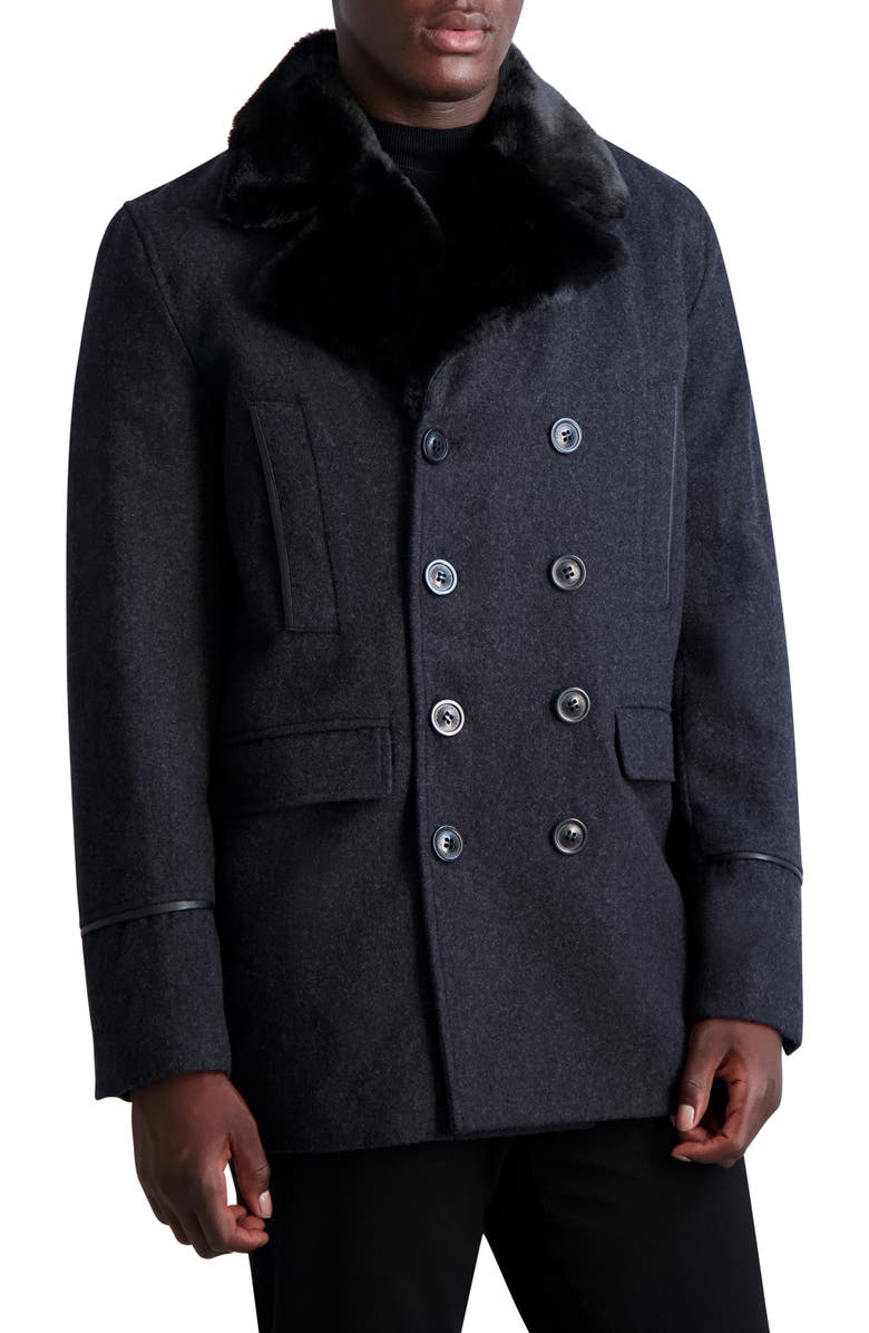 KARL LAGERFELD PARIS Wool Blend Peacoat with Faux Fur Collar, Alternate, color, Charcoal/ Black