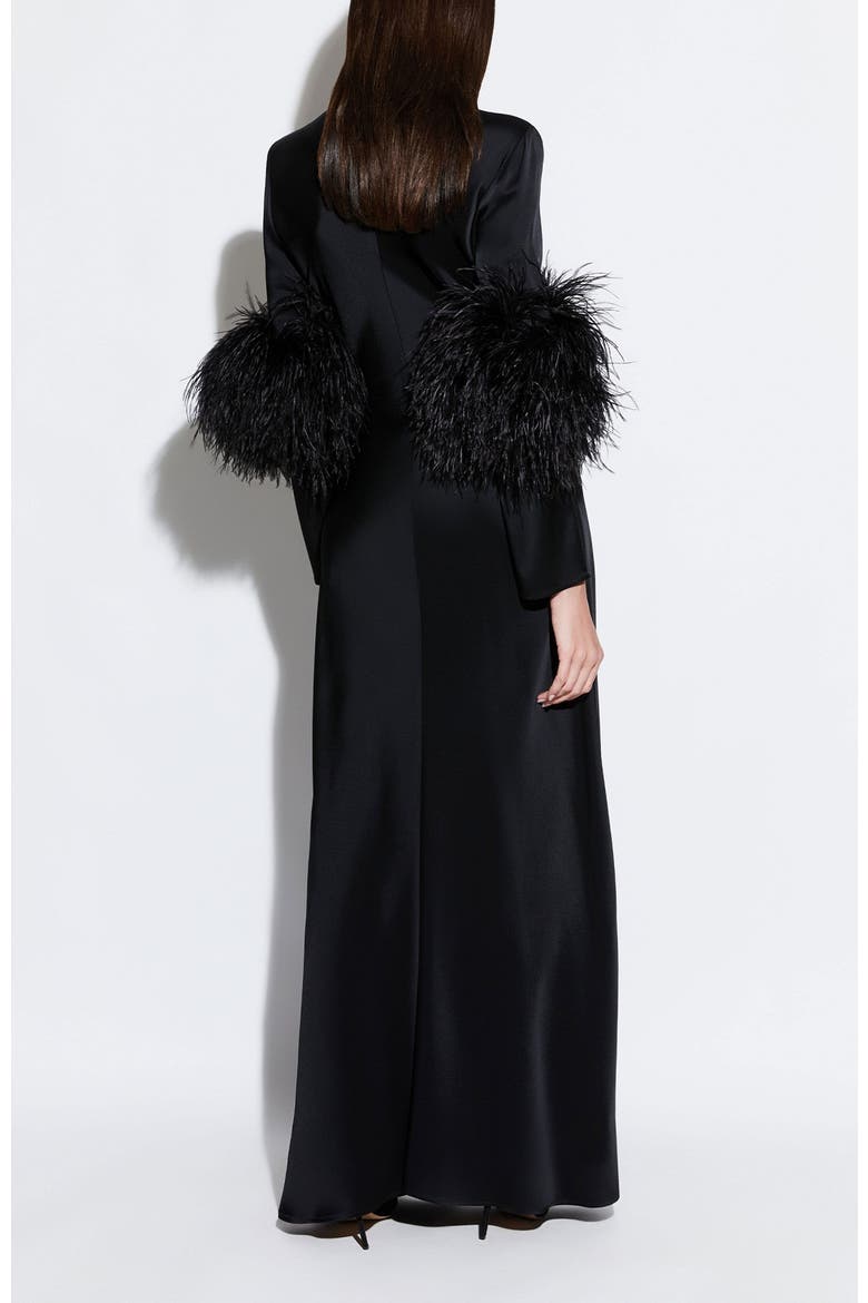 Satin Tab Gown With Feathers, Alternate, color, Black