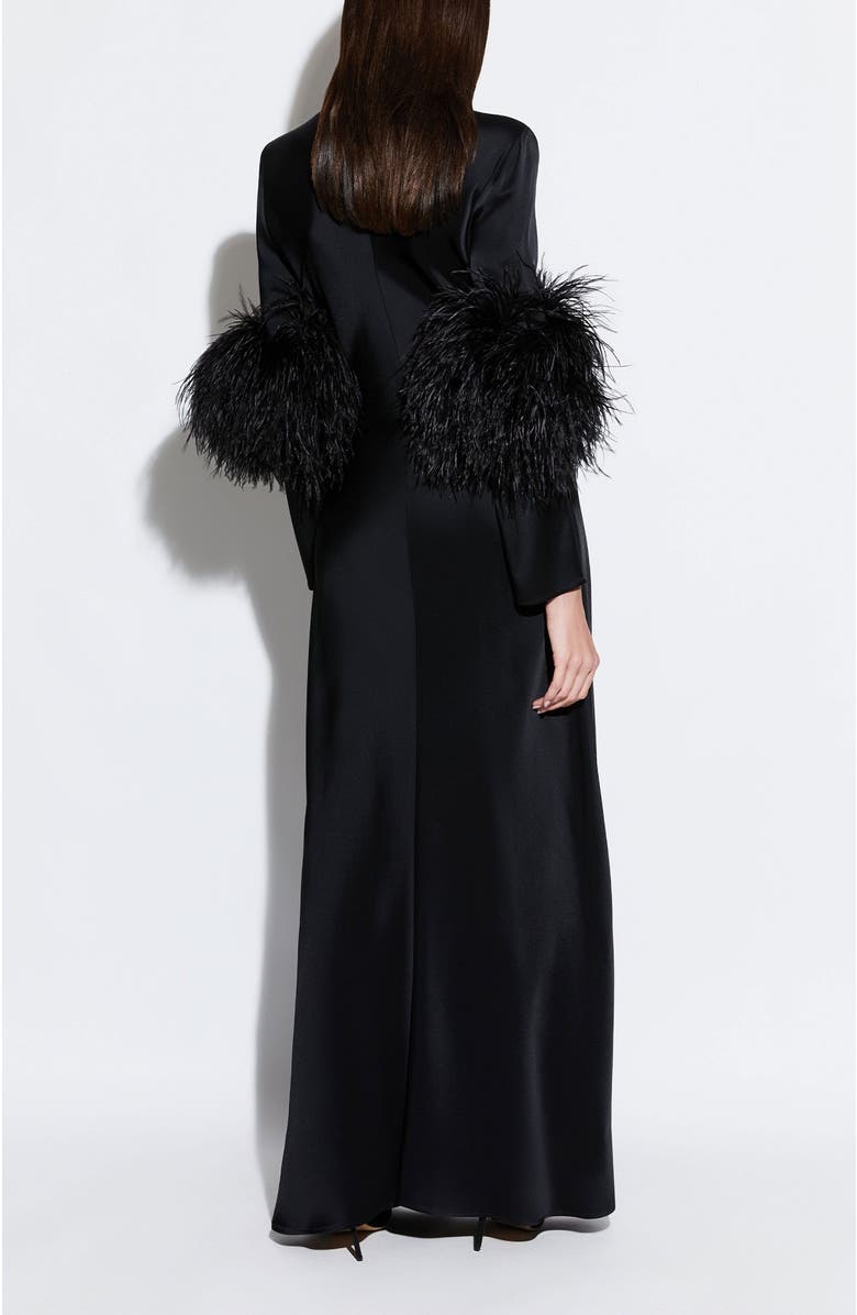 LAPOINTE Satin Tab Gown With Feathers, Alternate, color, Black