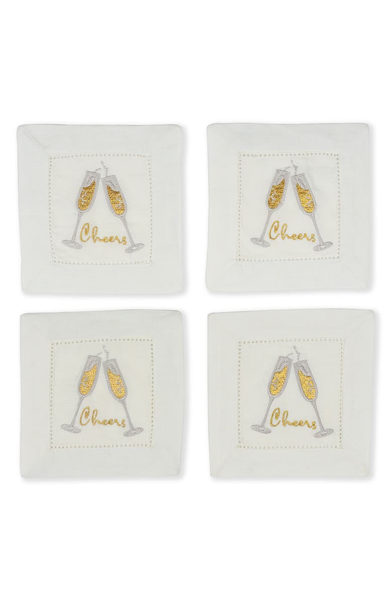 Tiramisu Fizz & Flutes Embroidered Linen Cocktail Napkins, Main, color, Gold/ Silver