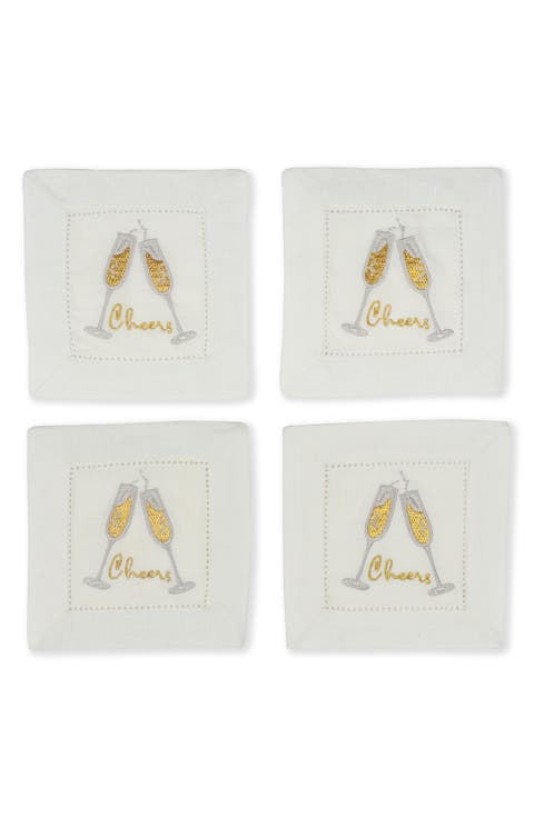 Fizz & Flutes Embroidered Linen Cocktail Napkins