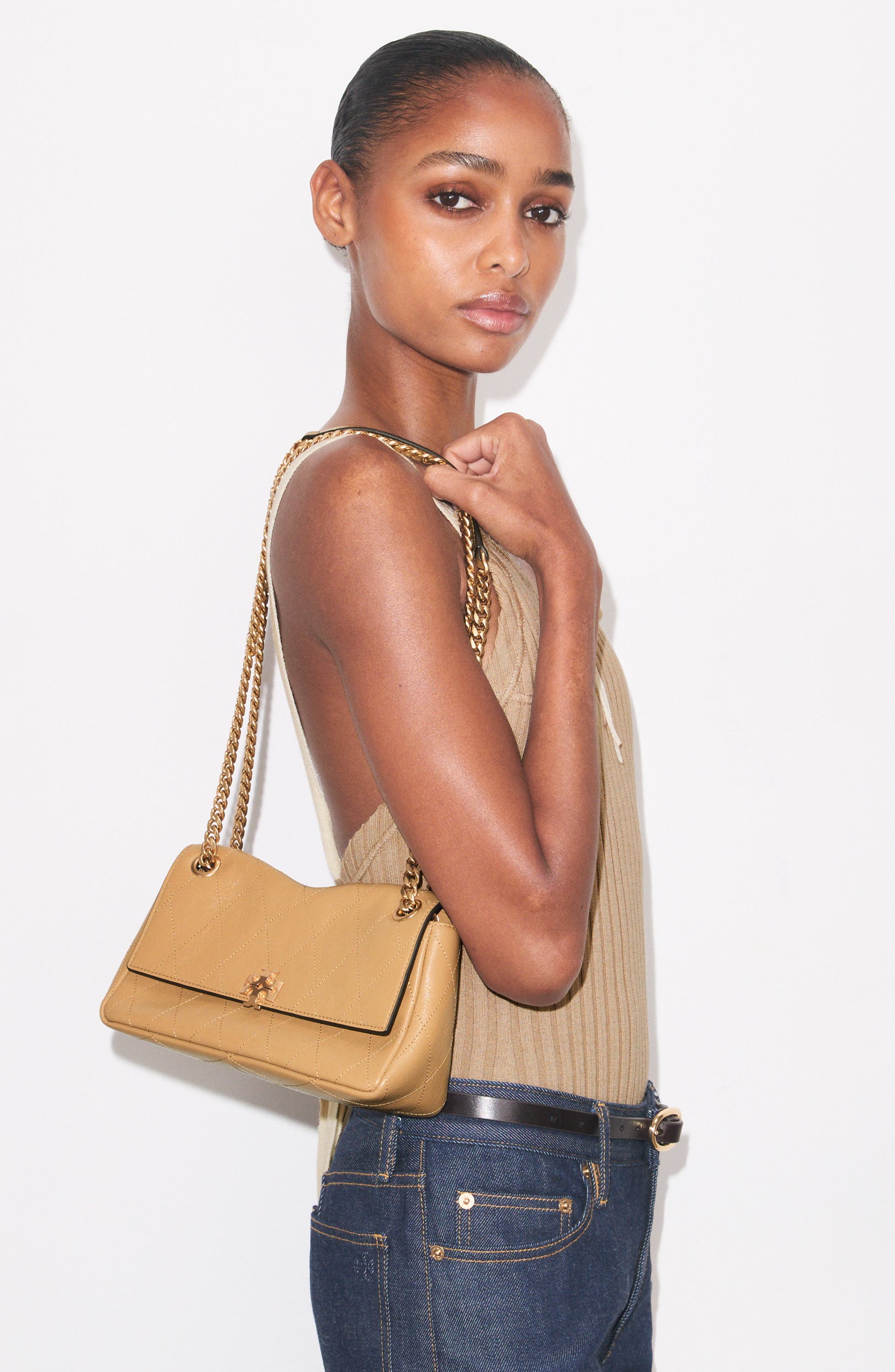 Tory Burch Small Charlie Leather Shoulder Bag, Alternate, color, Pecan