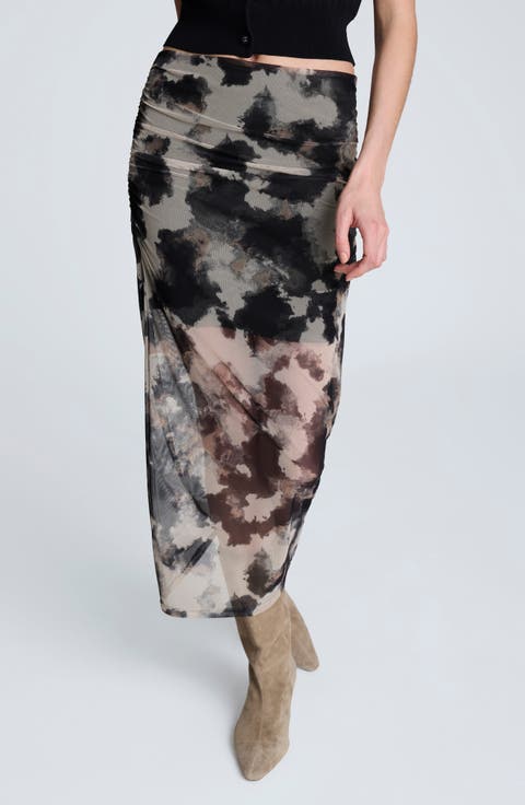 Ruched Mesh Midi Skirt