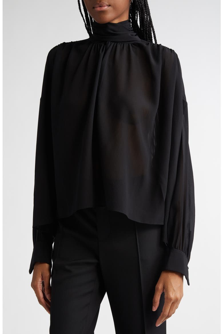 Draped Semisheer Silk Georgette Tie Neck Top, Alternate, color, BLACK