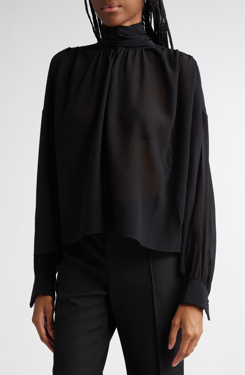 Chloé Draped Semisheer Silk Georgette Tie Neck Top, Alternate, color, Black