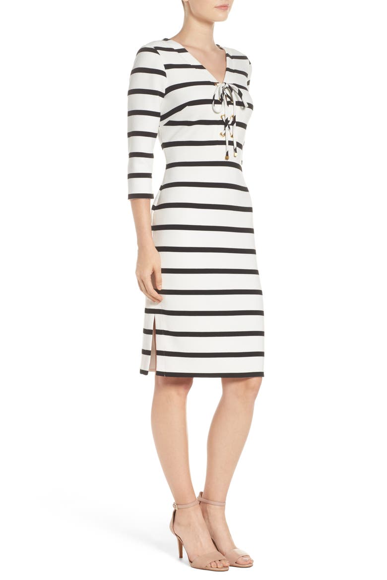 Stripe Lace-Up Sheath Dress, Alternate, color, IVORY/ BLACK