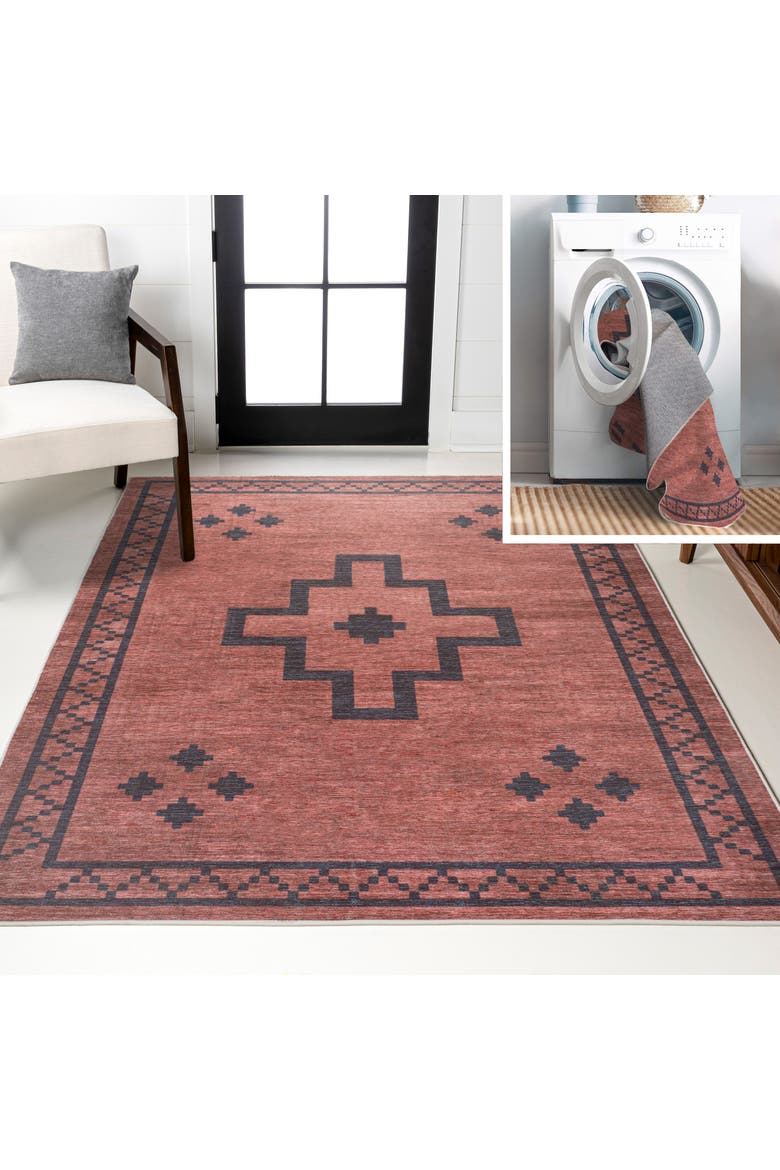 Korsa Geometric Medallion Machine-Washable Area Rug, Main, color, Red/Dark Gray