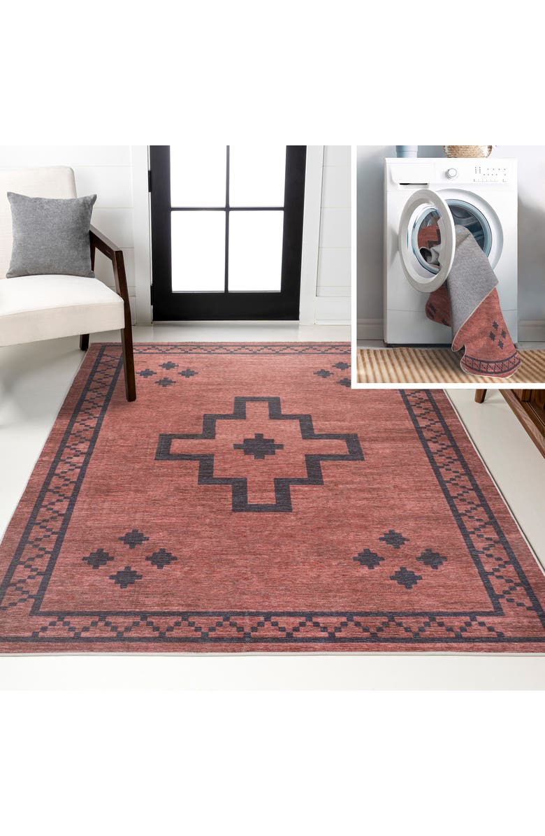 JONATHAN Y Korsa Geometric Medallion Machine-Washable Area Rug, Main, color, Red/Dark Gray