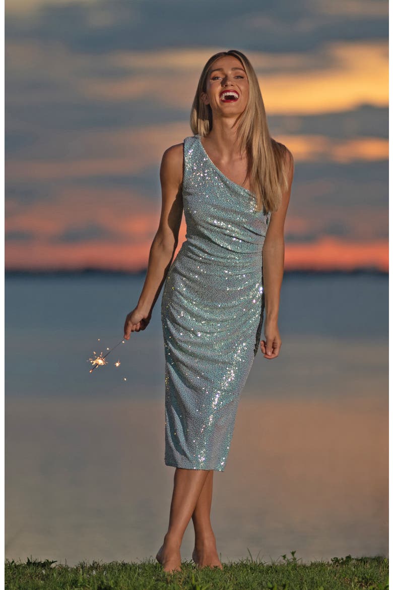 Martine Sequin One-Shoulder Dress, Alternate, color, ICE BLUE