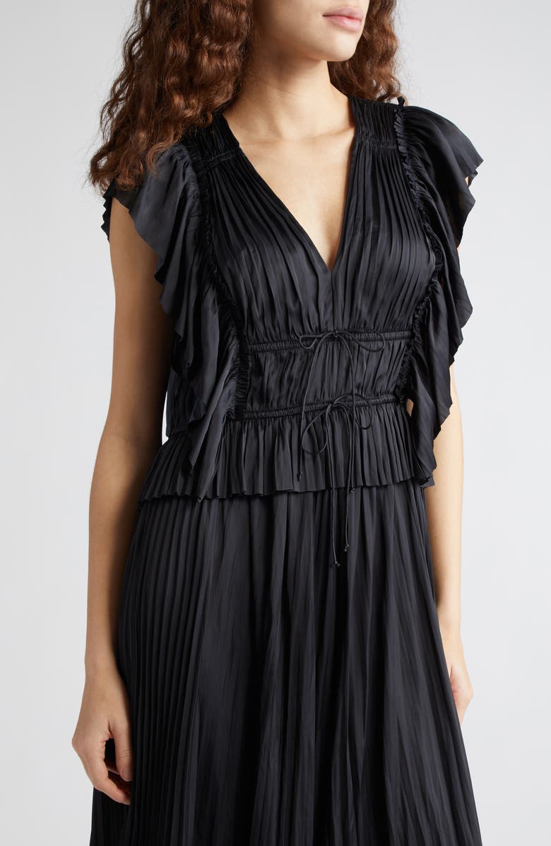 Ulla Johnson Letty Ruffle Detail Pleated Satin Dress, Alternate, color, Noir