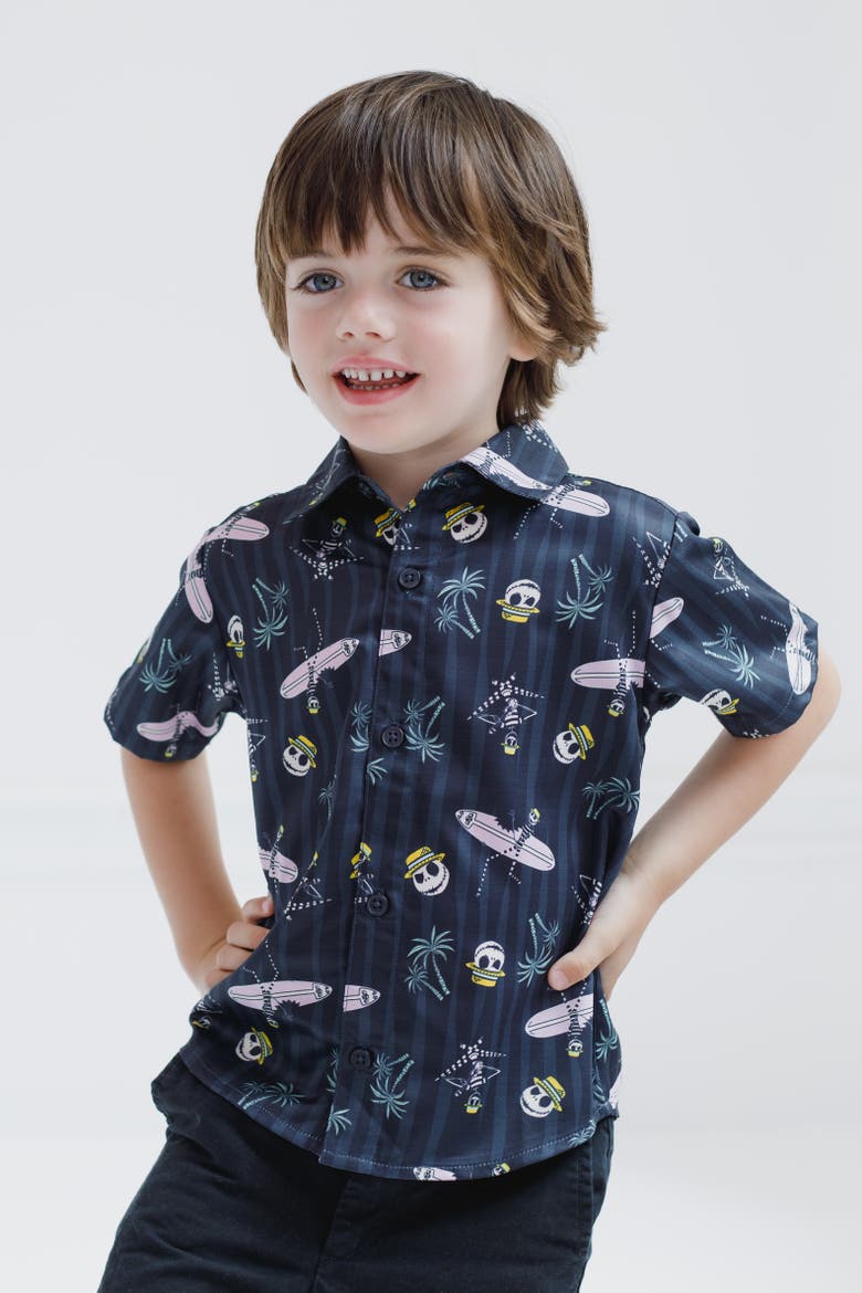 Nightmare Before Christmas Jack Skellington Short Sleeve Button-Down Shirt, Alternate, color, Grey Jack Skellington