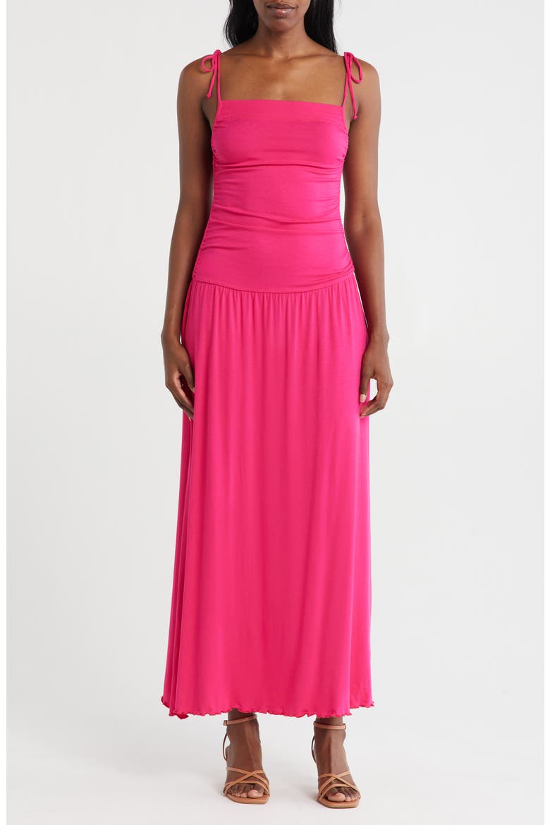 Tie Strap Ruched Fit & Flare Midi Dress, Main, color, FUCHSIA