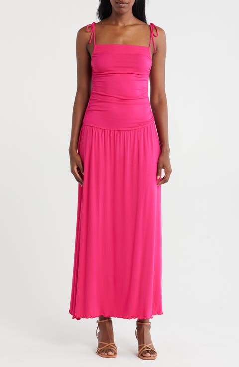 Tie Strap Ruched Fit & Flare Midi Dress