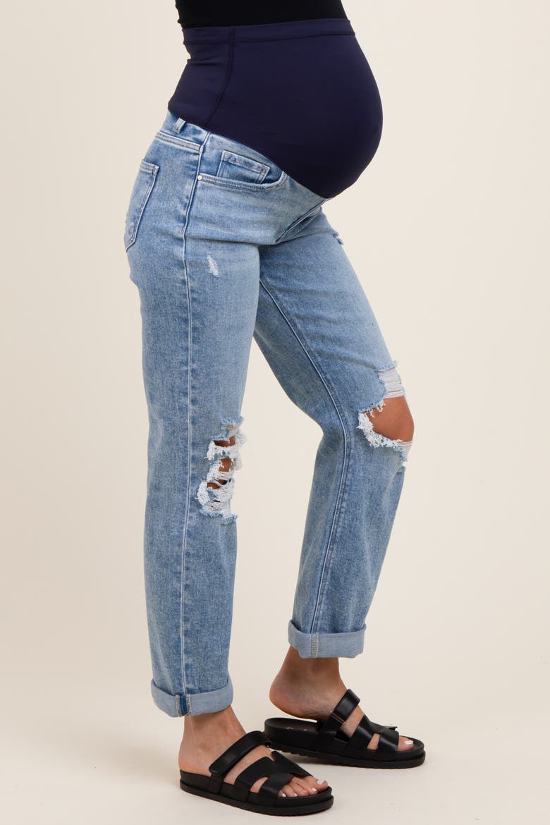 Ripped Knee Rolled Cuff Straight Leg Maternity Jeans, Alternate, color, Light Blue