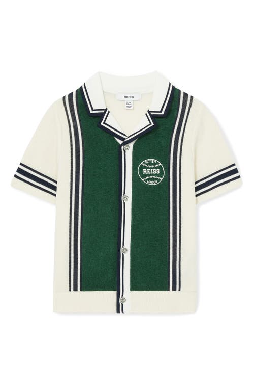 Reiss Kids' Appling Sr. Stripe Cotton Button-up Polo Sweater In Green/off White