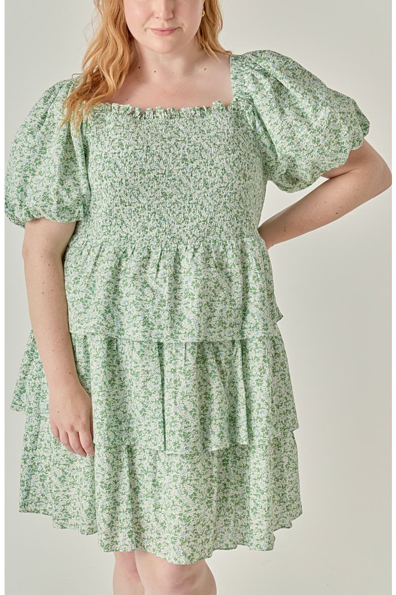 Crinkled Floral Smocked Dress, Alternate, color, GREEN