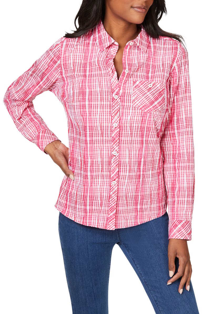 Foxcroft Hampton Plaid Non-Iron Button-Up Shirt, Main, color, Rose Red