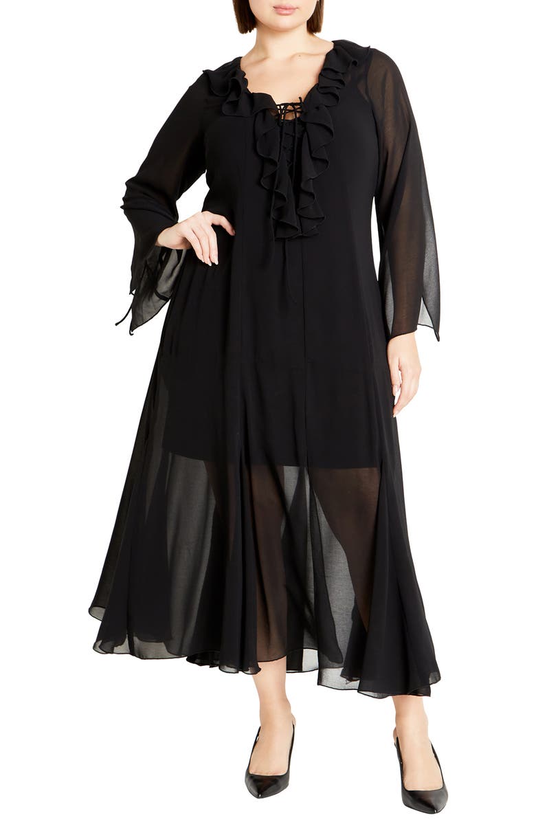 City Chic Vamp Ruffle Long Sleeve Maxi Dress, Main, color, 