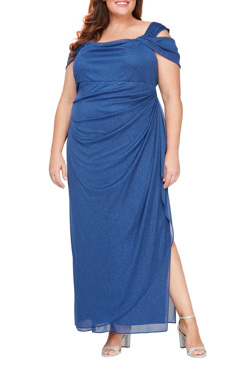 Alex Evenings Cold Shoulder Glitter Column Gown, Main, color, Electric/ Blue