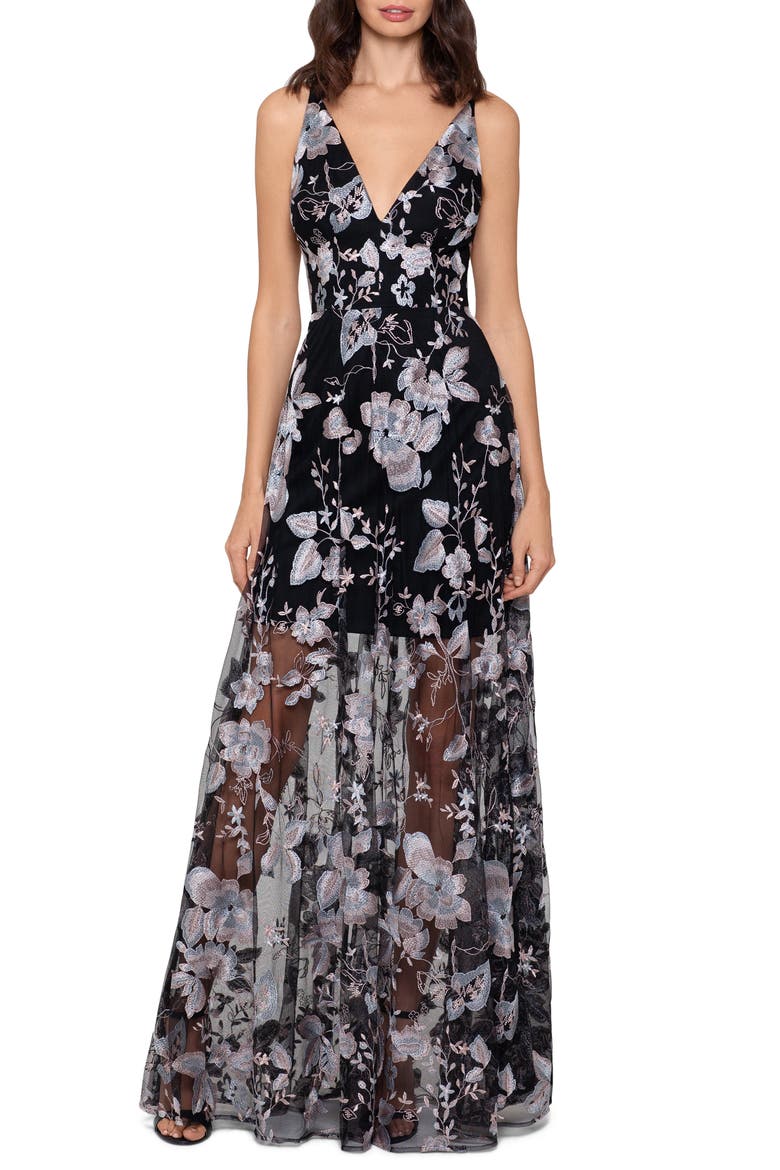 Xscape 3D Floral V-Neck Gown, Main, color, BLACK/ BLUSH