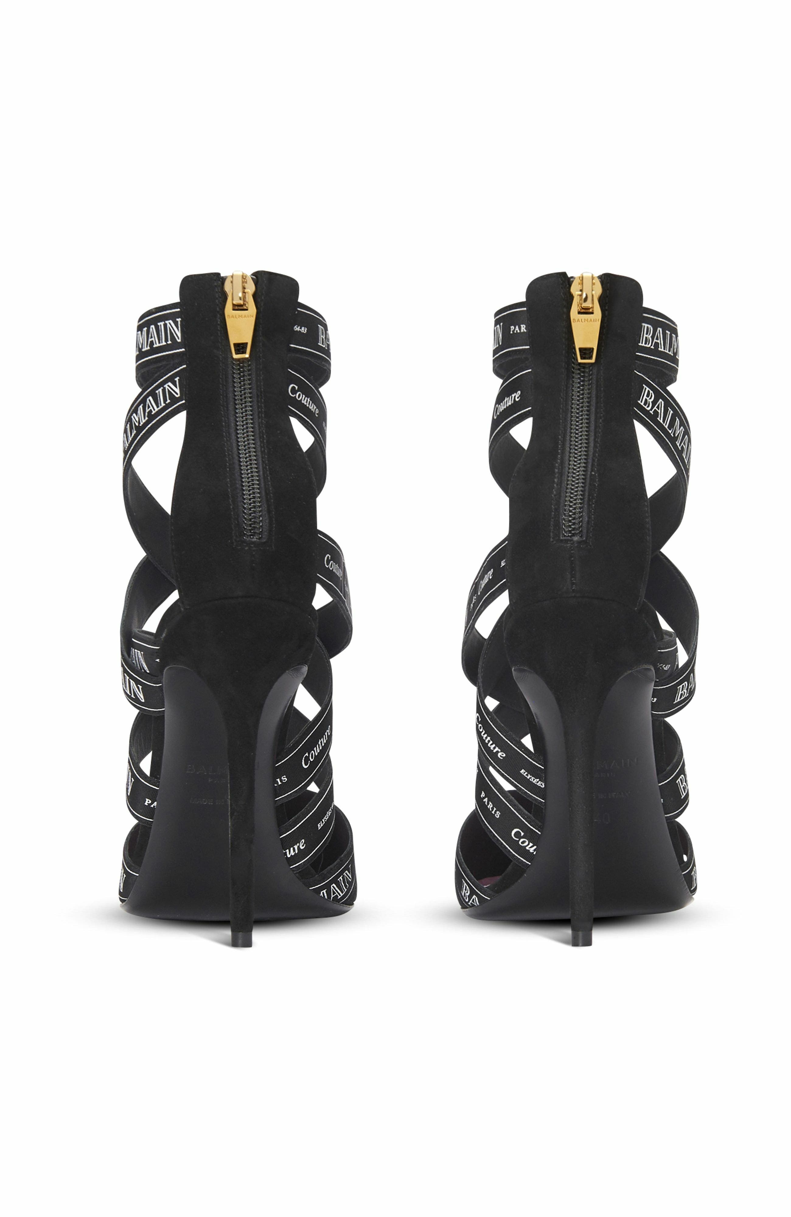 Couture Suede Heels With Balmain Ribbon Motif, Alternate, color, Black