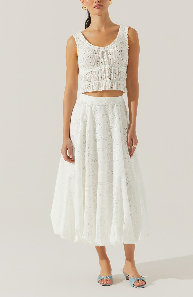 ASTR the Label Kissel Embroidered Eyelet Bubble Hem Cotton Midi Skirt, Alternate, color, White