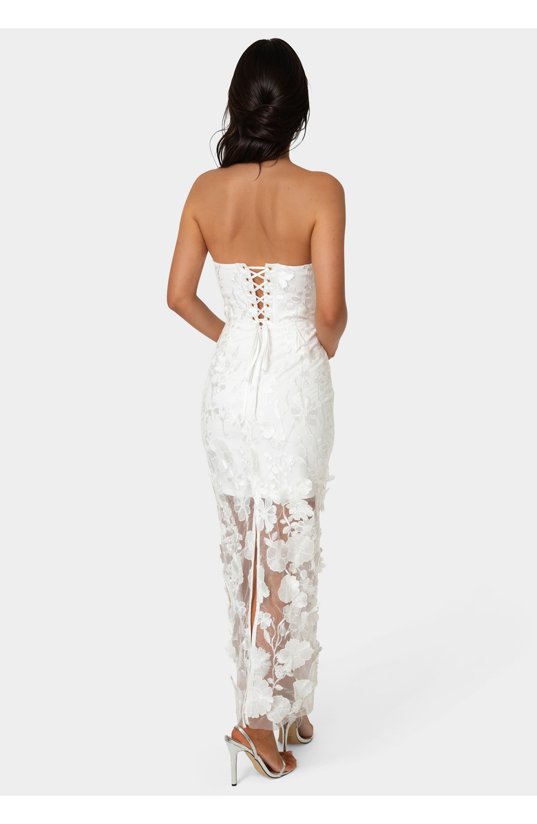 bebe Strapless 3D Lace Column Dress, Alternate, color, White