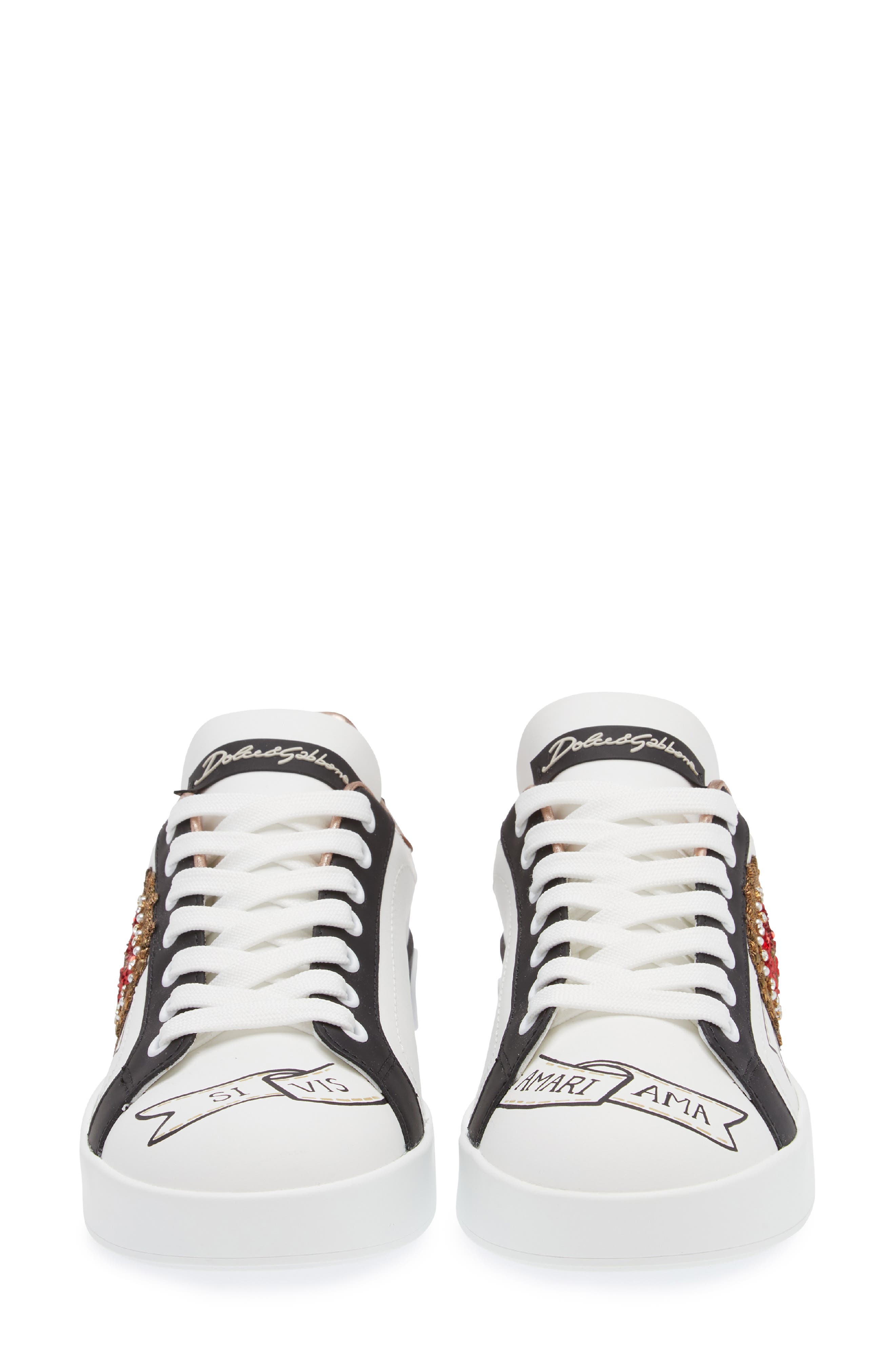 Dolce&Gabbana Portofino Embellished Leather Sneaker, Alternate, color, Embroidery- White/ Gold