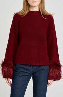 WAYF Pia Feather Trim Mock Neck Sweater