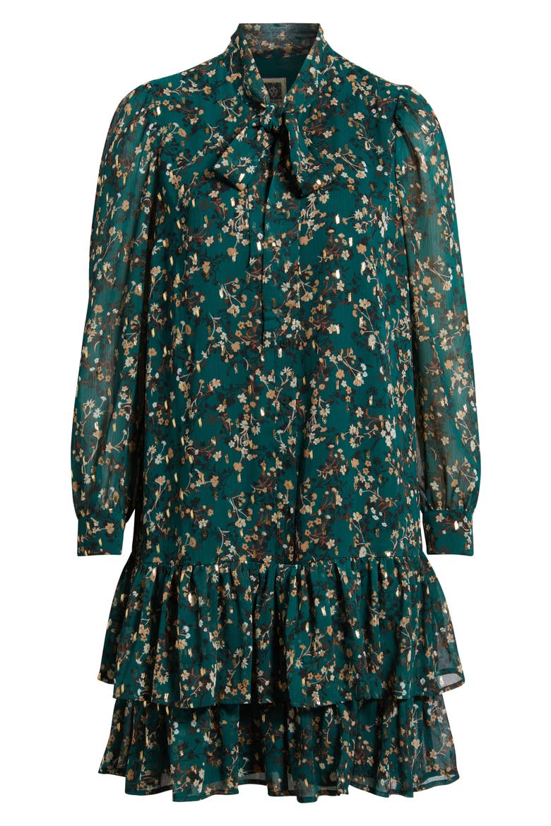 Floral Tie Neck Long Sleeve Ruffle Shirtdress, Alternate, color, MIDNIGHT PINE MULTI