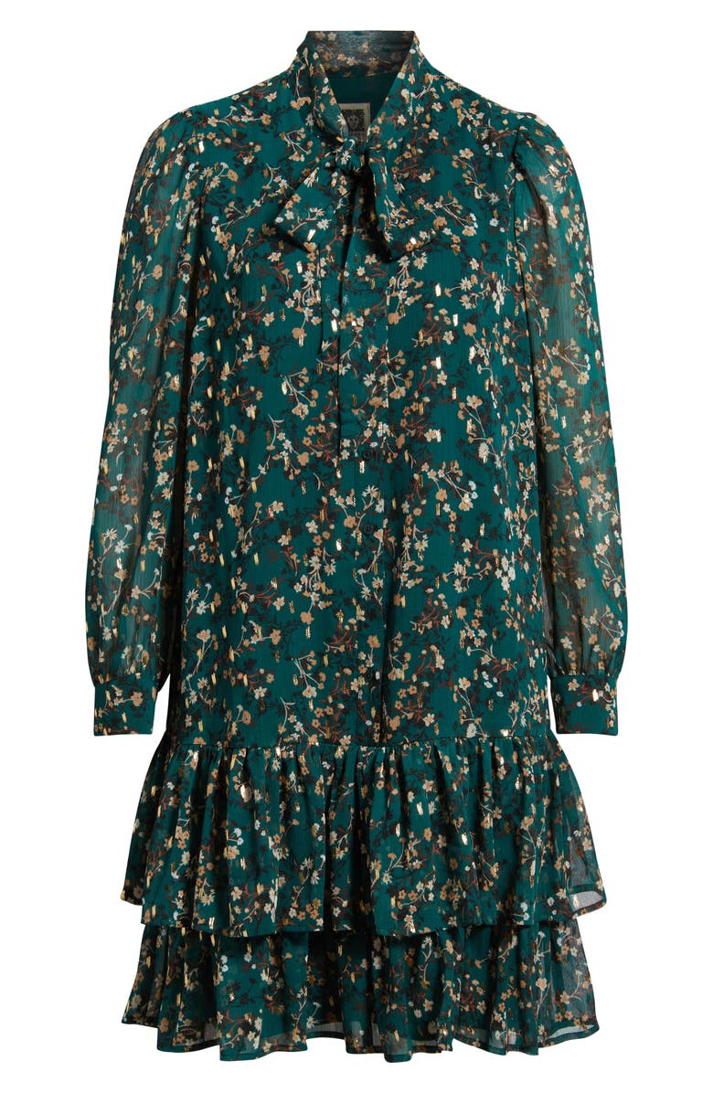 Anne Klein Floral Tie Neck Long Sleeve Ruffle Shirtdress, Alternate, color, Midnight Pine Multi