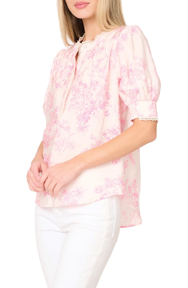 GIBSONLOOK Lace Trim Puff Sleeve Top, Alternate, color, Romantic Toile