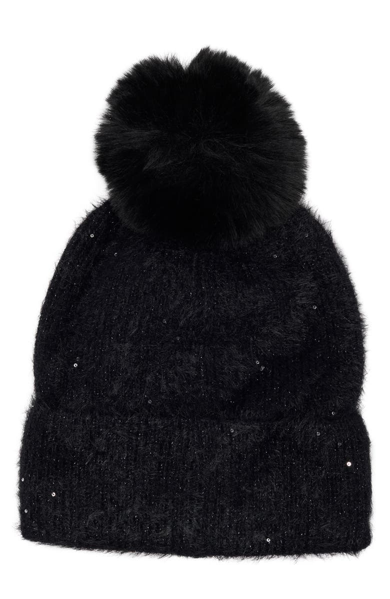 Nanette Lepore Metallic Knit Faux Fur Pom Pom Beanie, Alternate, color, 