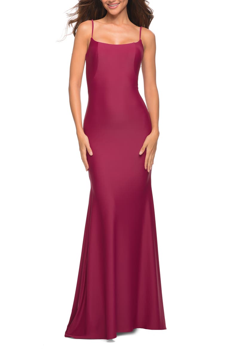 Chic Luxe Jersey Gown with Train and V Back, Main, color, Berry
