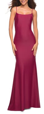 La Femme Chic Luxe Jersey Gown with Train and V Back