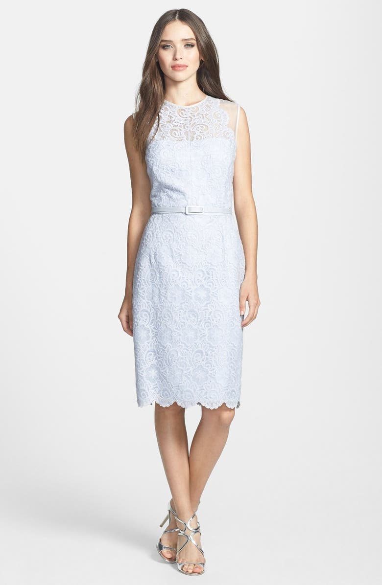 Maggy London Illusion Yoke Lace Organza Sheath Dress, Alternate, color, 