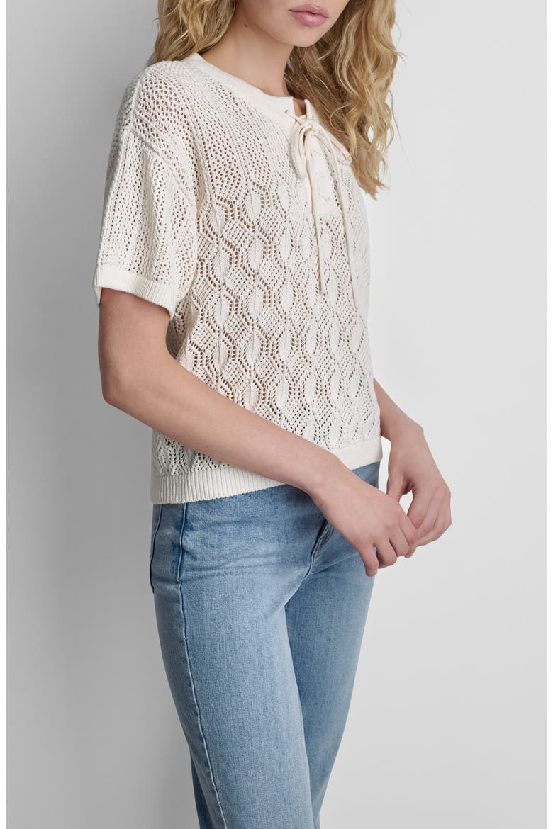 Lace-Up Placket Short Sleeve Semisheer Cotton Blend Pointelle Sweater, Alternate, color, COCONUT