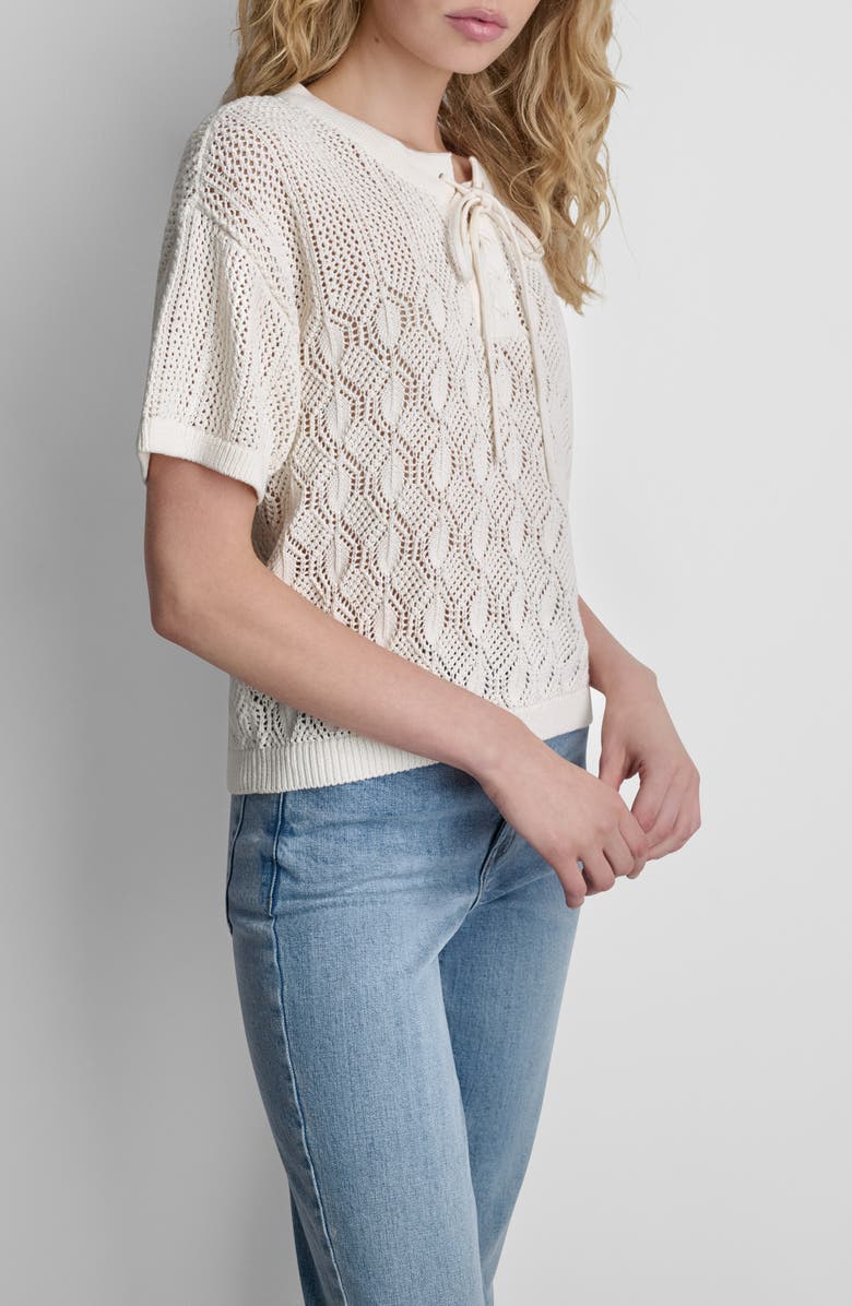 DKNY Lace-Up Placket Short Sleeve Semisheer Cotton Blend Pointelle Sweater, Alternate, color, Coconut