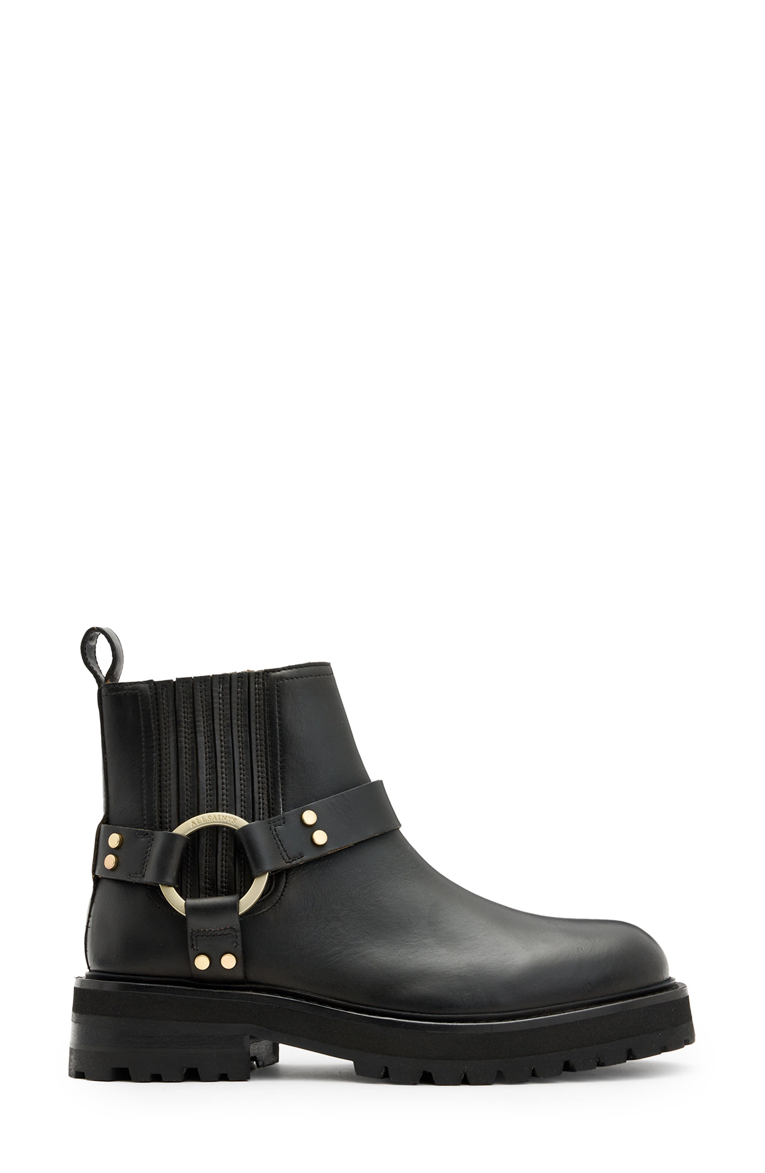AllSaints Maddie Lug Sole Biker Boot, Alternate, color, Black/ Warm Brass