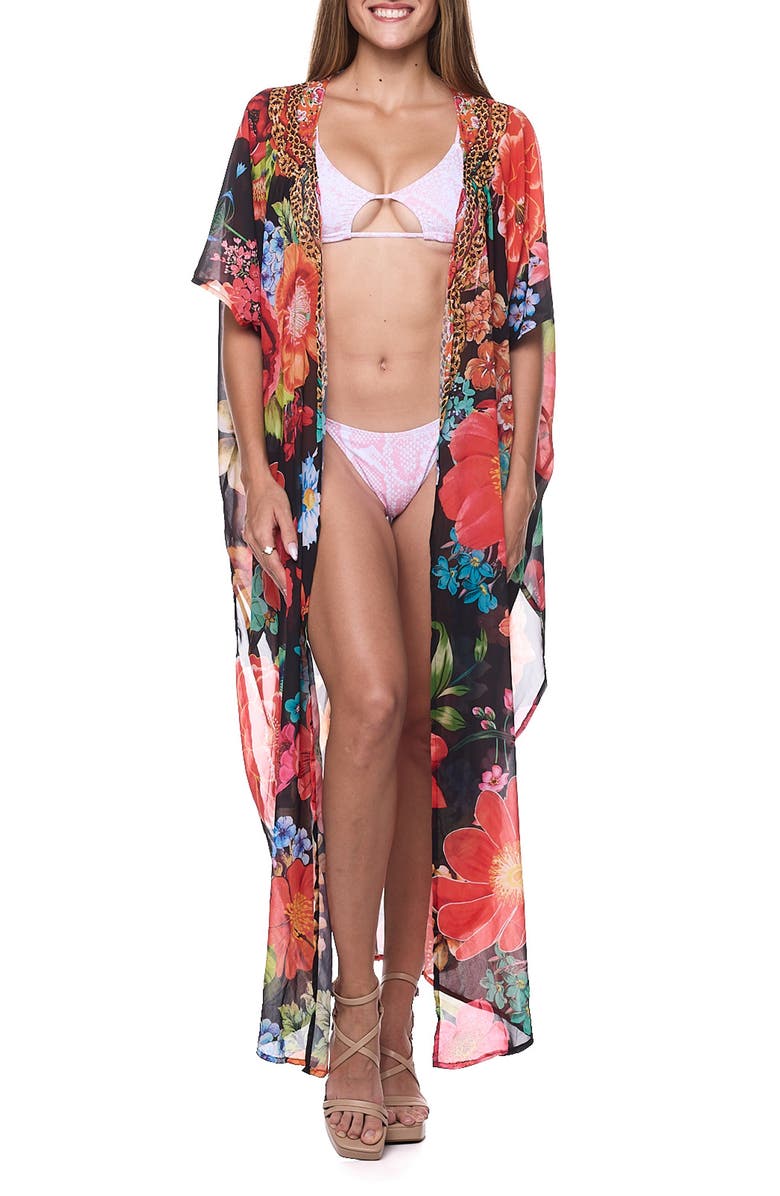 RANEES Floral Caftan Duster, Main, color, Black