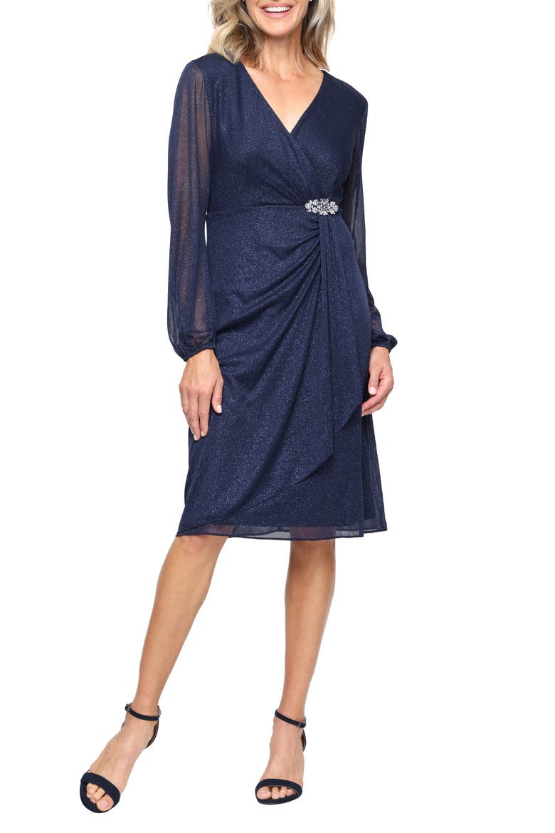 Glitter Mesh Long Sleeve Cocktail Dress, Main, color, NAVY
