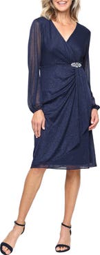SL FASHIONS Glitter Mesh Long Sleeve Cocktail Dress