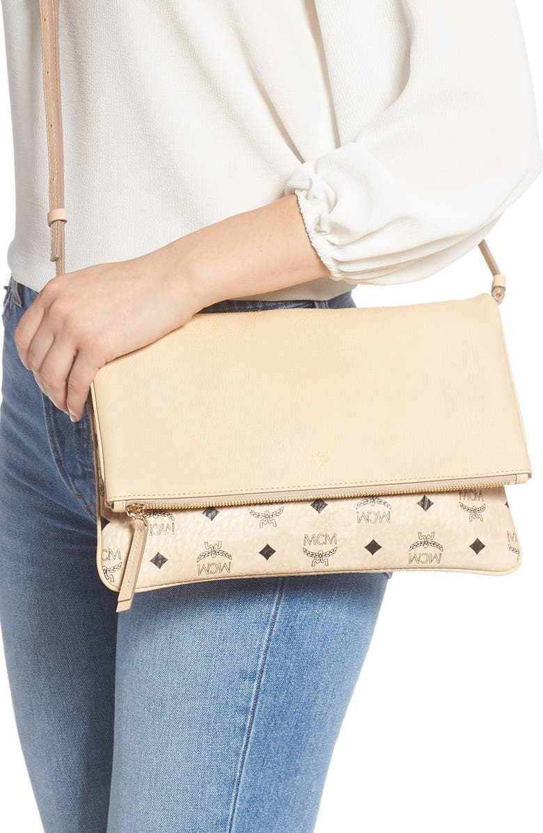 MCM Corina Leather & Visetos Canvas Foldover Crossbody Bag, Alternate, color,