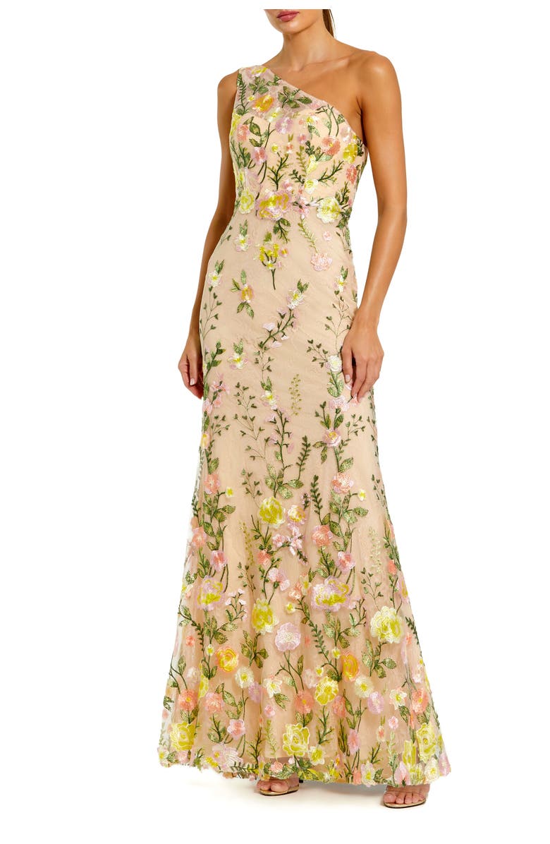 Mac Duggal Petite One Shlouder Lace Embroidered Gown, Main, color, Yellow Multi